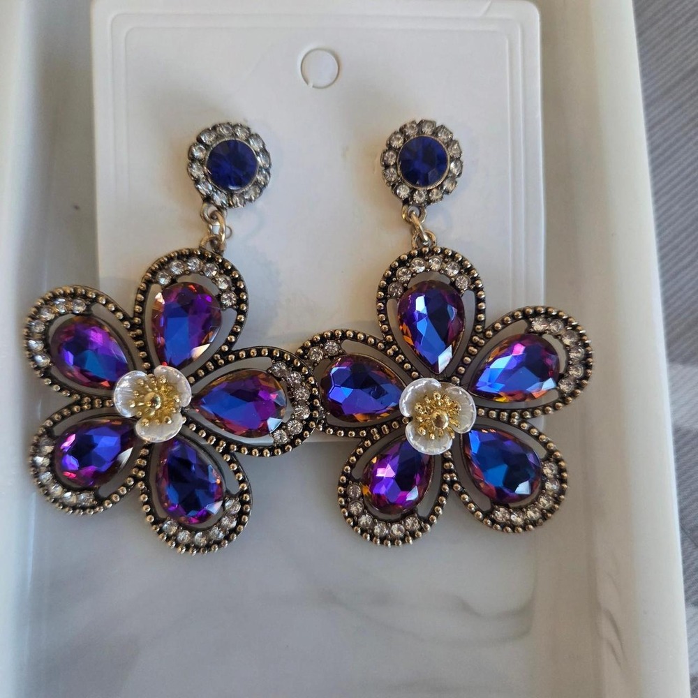 Purple Blue Rhinestone Flower Statement Drop Dangle Earrings Gold Tone
